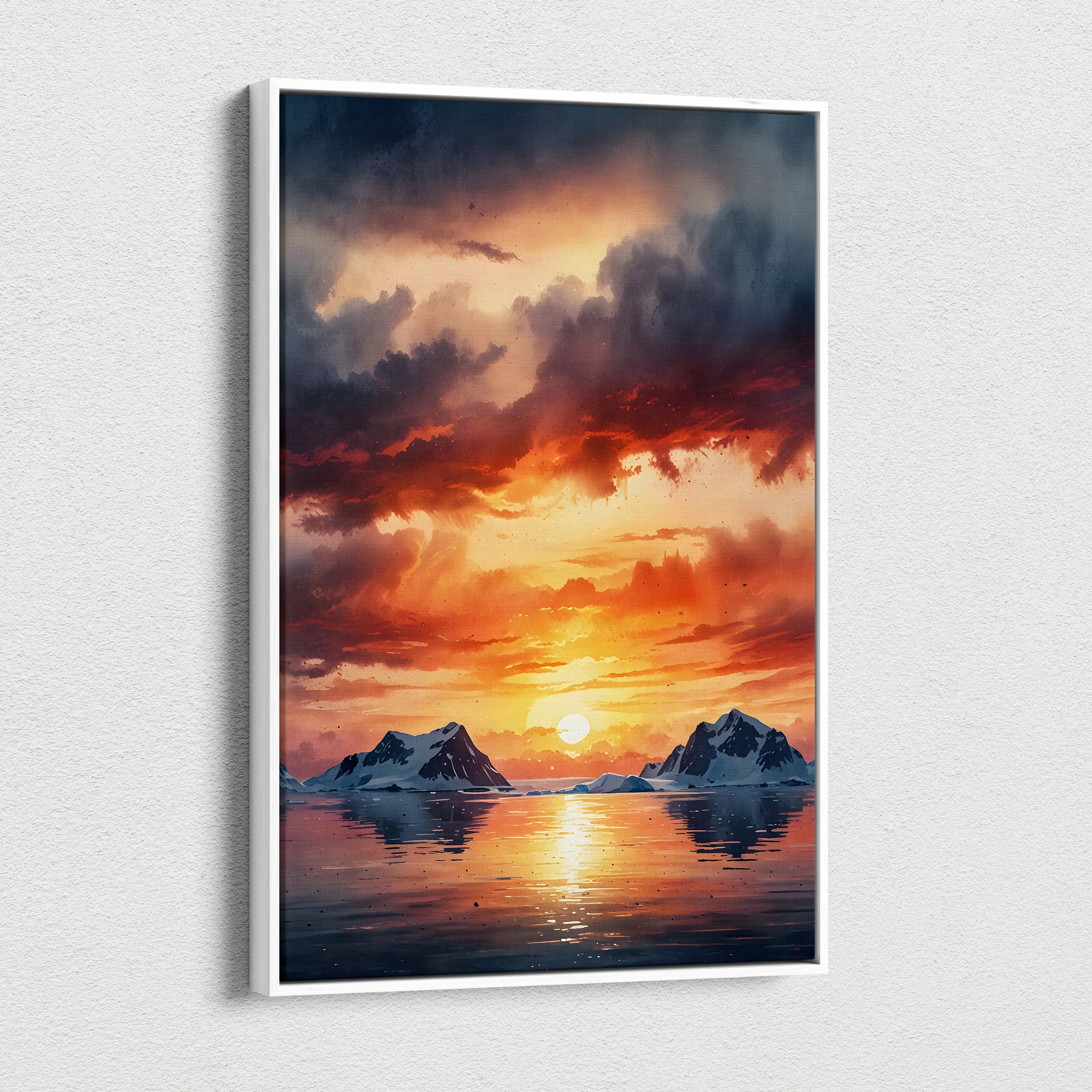 Watercolor canvas wall art of vibrant sunset over mountains reflecting on calm water.