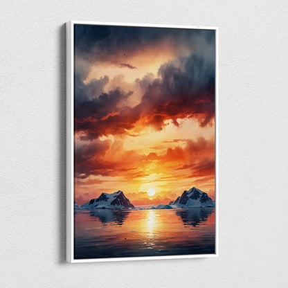 Watercolor canvas wall art of vibrant sunset over mountains reflecting on calm water.