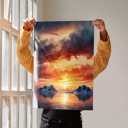 Vibrant watercolor style sunset nature wall art poster featuring sun setting behind mountains with dramatic clouds.