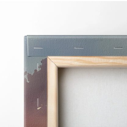 Close-up of wooden frame and stapled canvas backing on horizontal wall art panel.