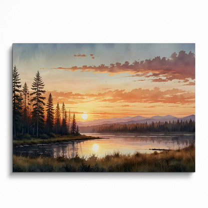 Watercolor sunset poster featuring pine trees by a reflective lake, warm sky, serene wall art.
