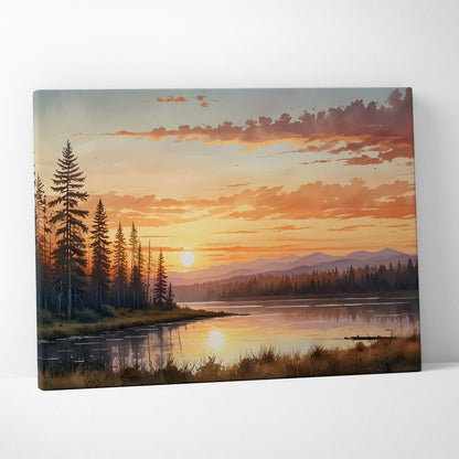 Canvas wall art featuring a golden sunset over mountain range with trees and reflective water.