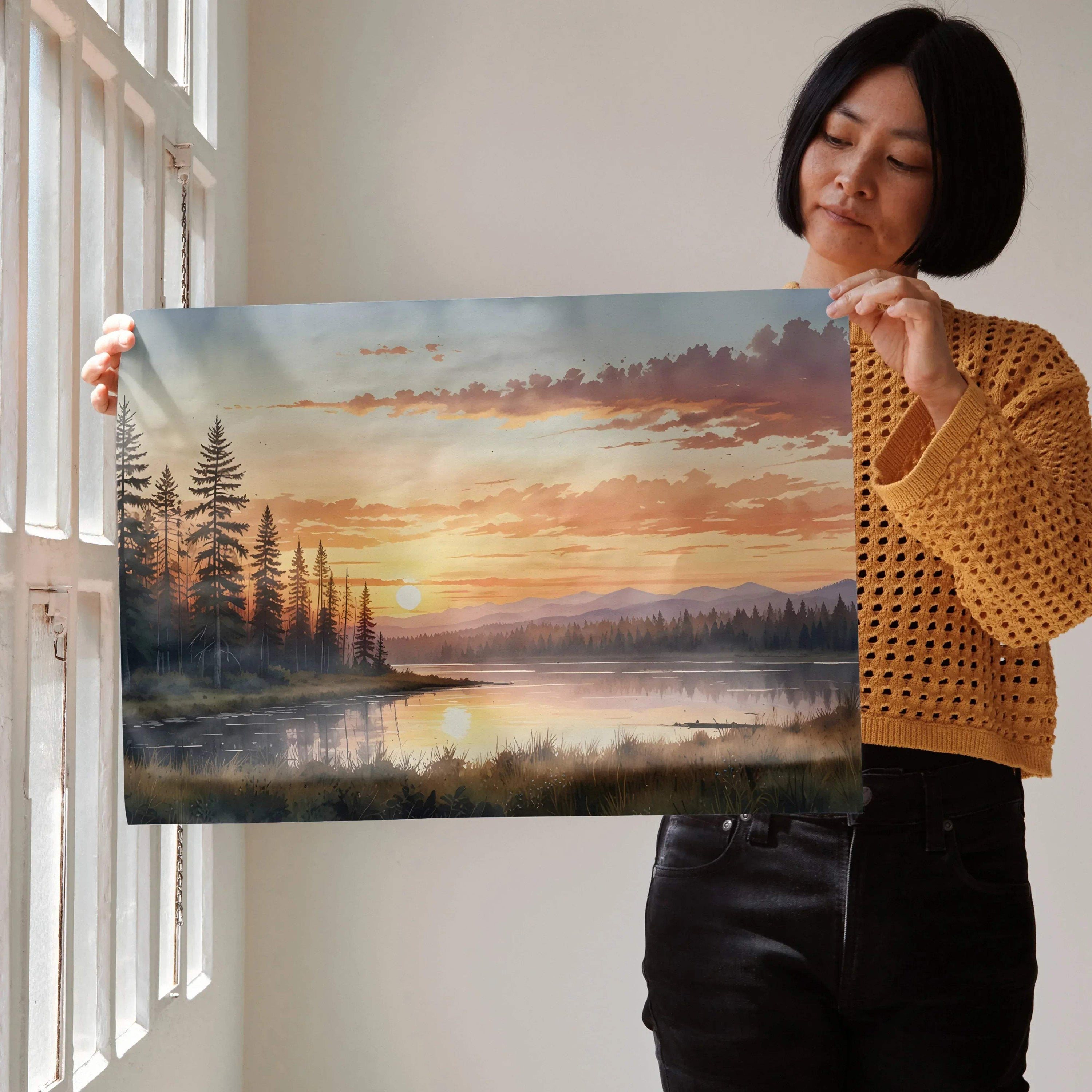 Watercolor sunset nature poster with vibrant orange sky and silhouetted trees, wall art.