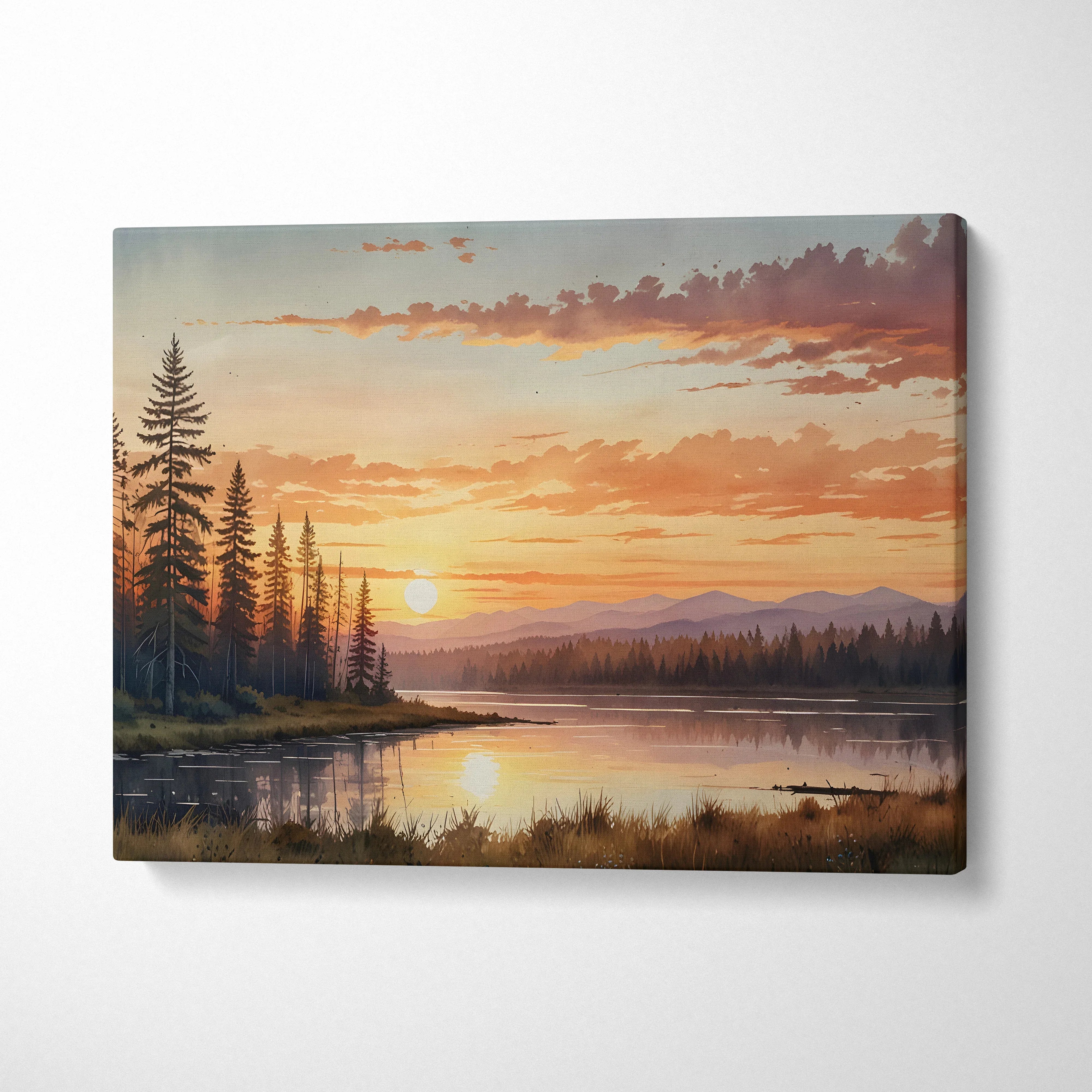 Canvas wall art depicting a golden sunset over mountain peaks and a reflective river with pine trees.