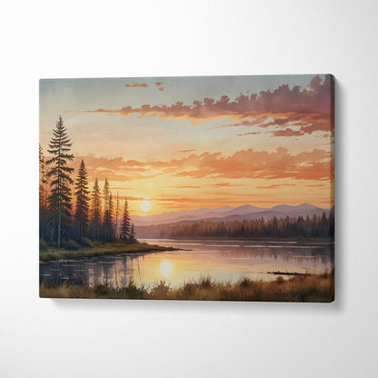 Canvas wall art depicting a golden sunset over mountain peaks and a reflective river with pine trees.