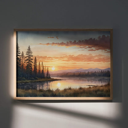 Watercolor sunset poster with trees and lake reflection, serene nature wall art.