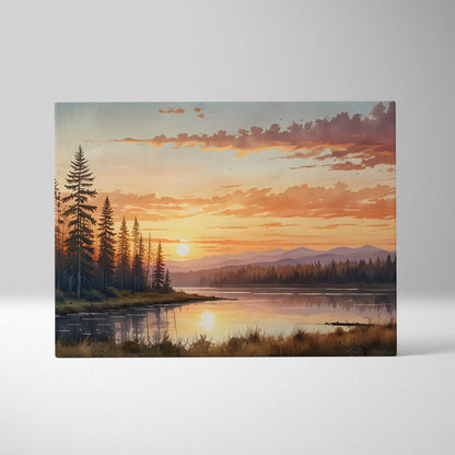 Canvas wall art featuring a golden sunset over mountain range with pine trees and reflective lake.