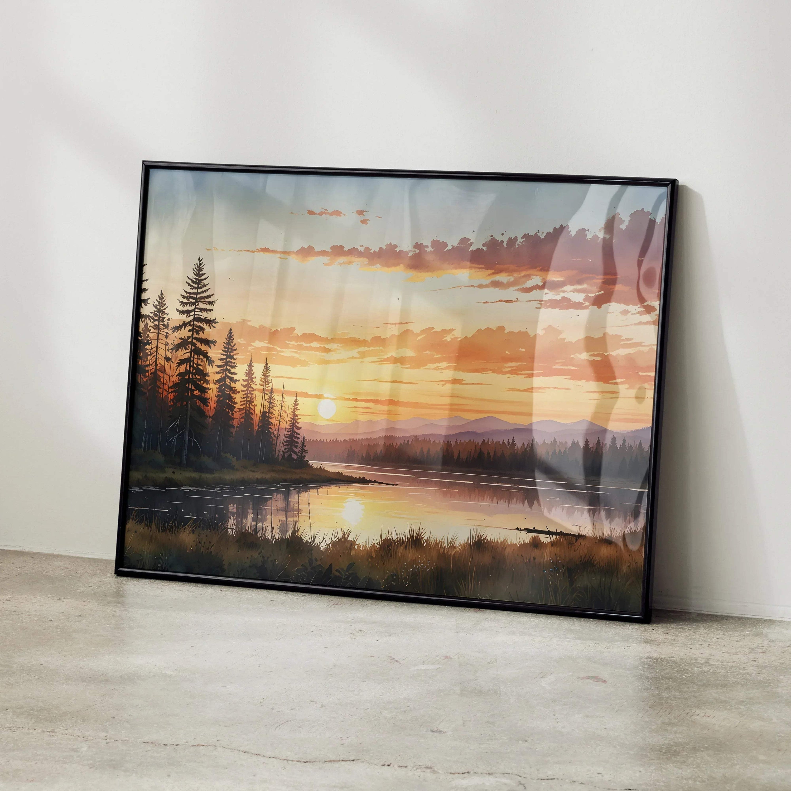 Watercolor sunset nature poster with vibrant orange and pink sky over lake and pine trees wall art.