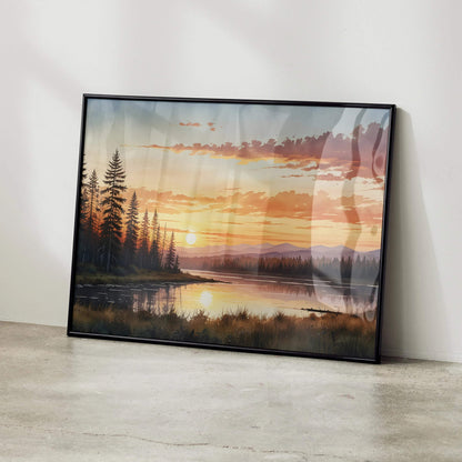 Watercolor sunset nature poster with vibrant orange and pink sky over lake and pine trees wall art.