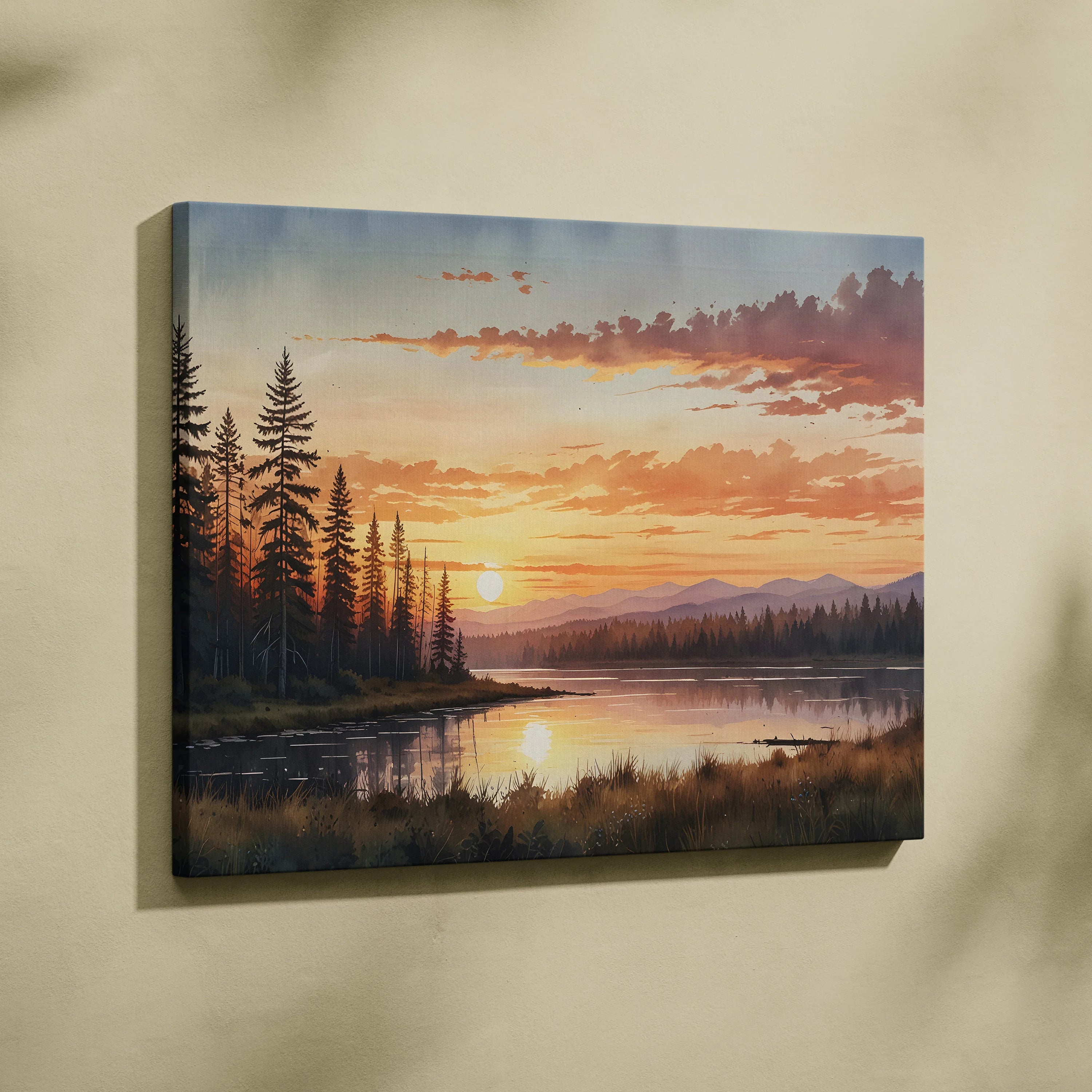 Canvas wall art featuring a golden sunset over mountains with pine trees and a reflective lake.