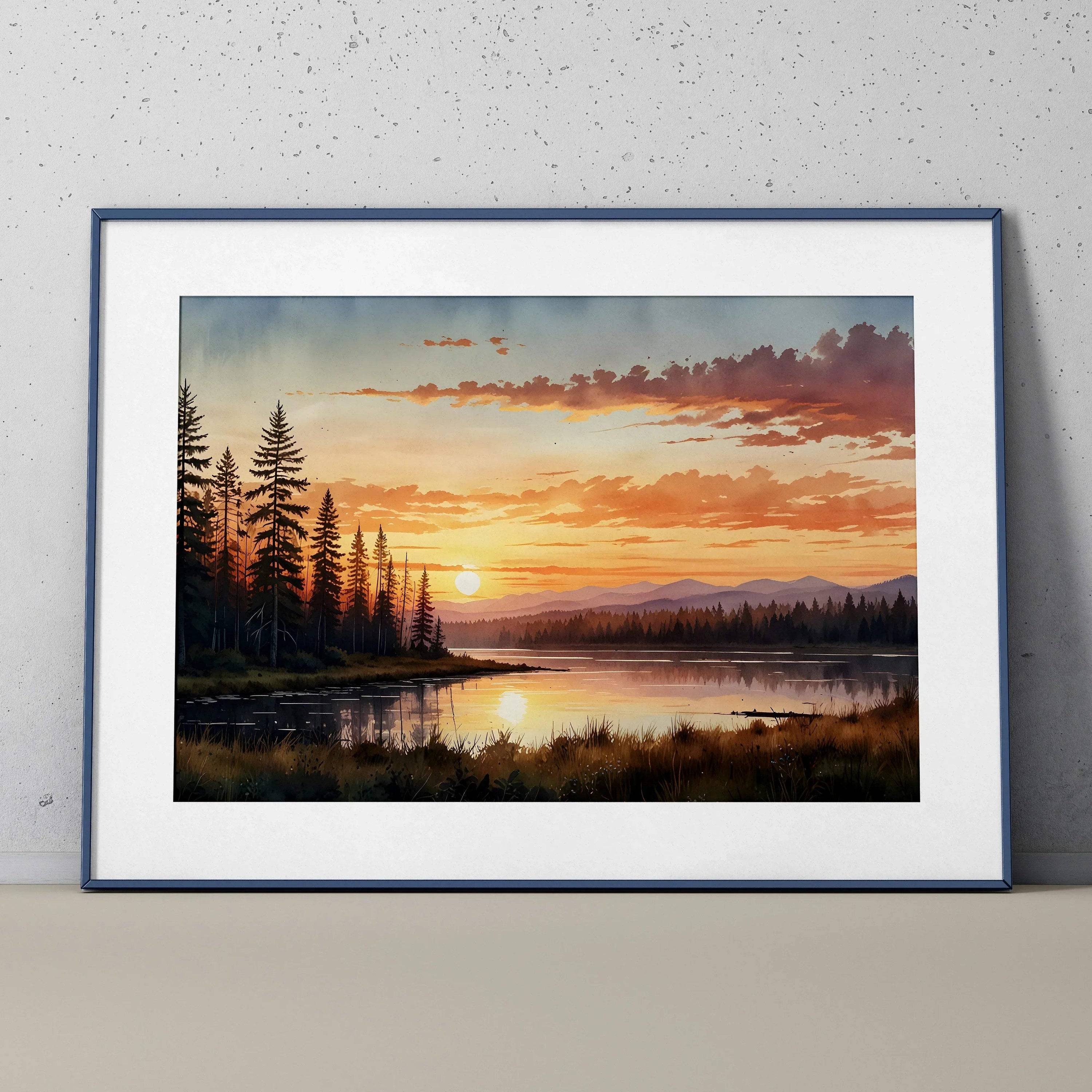 Vibrant watercolor sunset poster with pine trees and reflective lake, nature wall art.
