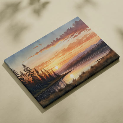 Canvas wall art featuring a golden sunset over mountains with pine trees and reflective water.