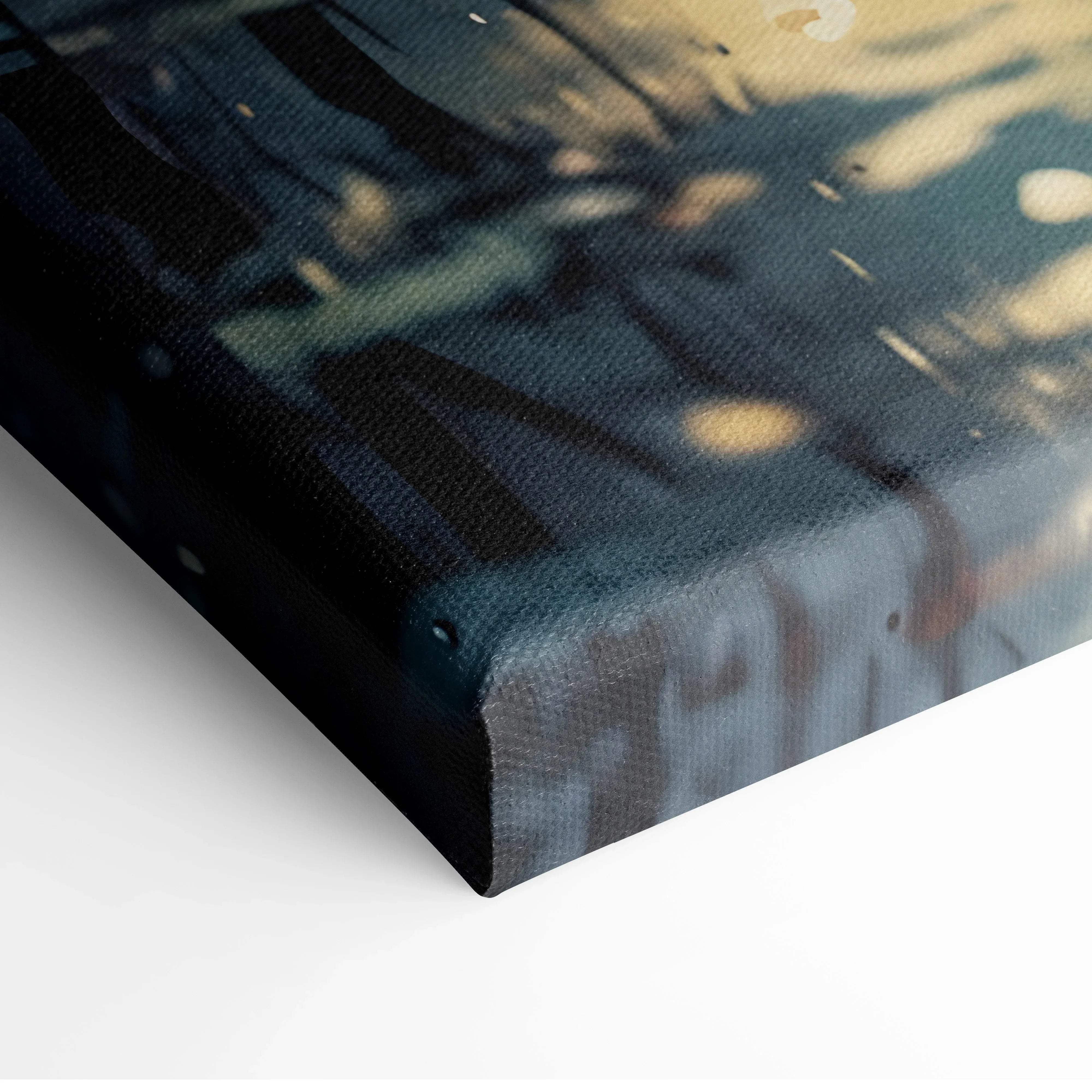 Urban night cityscape canvas wall art featuring an abstract moody blue and amber glow with blurred tree silhouettes