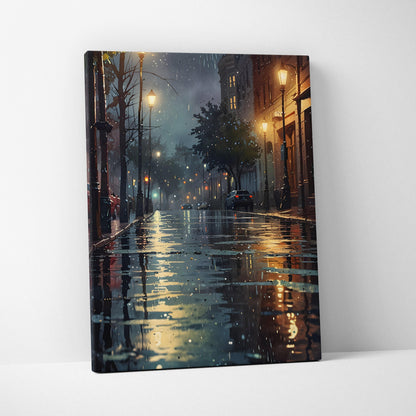 Urban cityscape canvas wall art with rainy street and glowing streetlights at night.