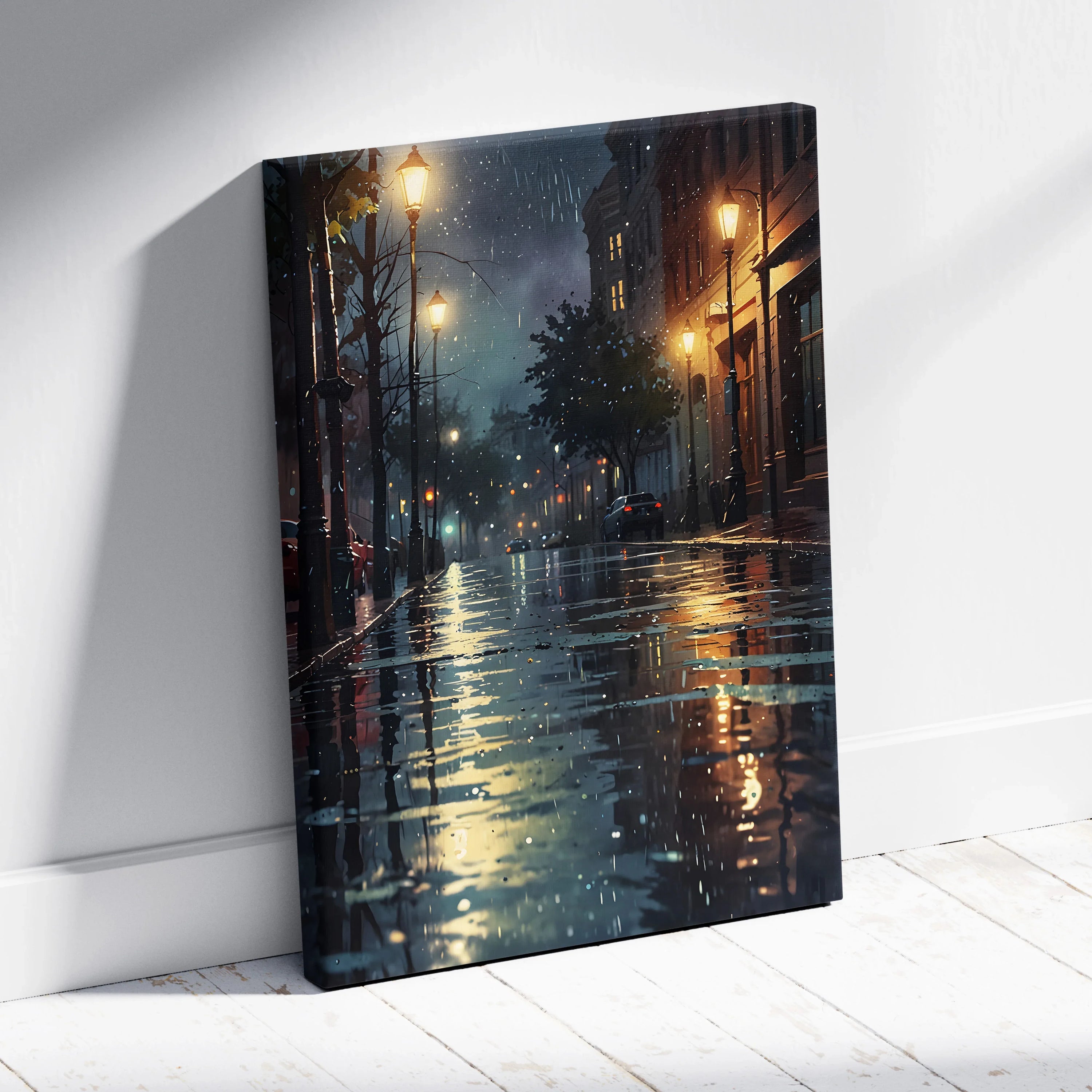 Urban cityscape at night with wet streets and glowing streetlights canvas wall art.