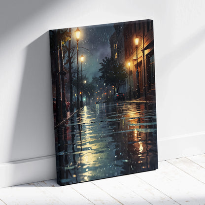 Urban cityscape at night with wet streets and glowing streetlights canvas wall art.