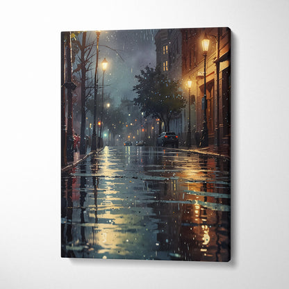 Urban cityscape canvas wall art featuring rainy street reflections and glowing streetlights at night.