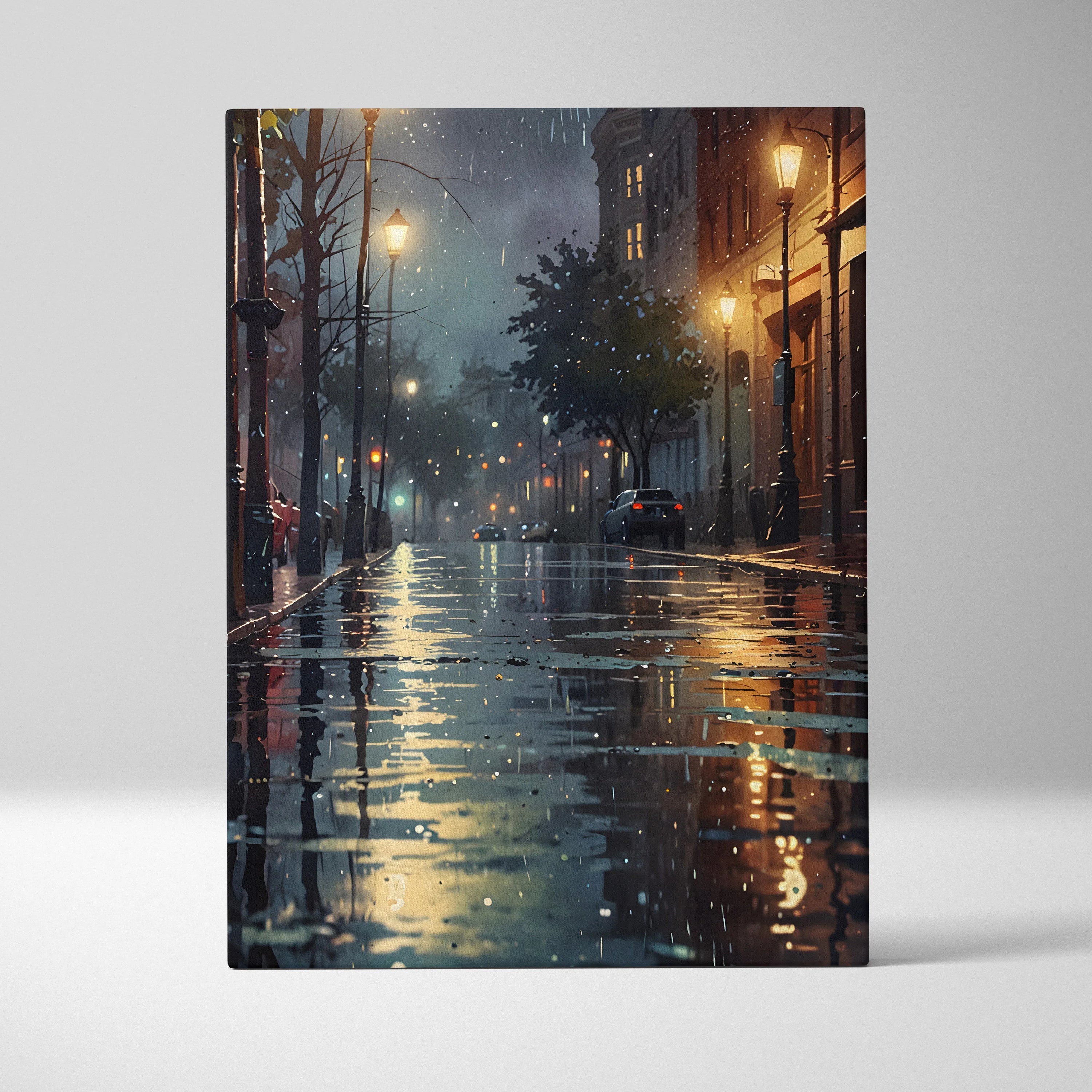 Vertical canvas wall art of a rainy urban cityscape with glowing streetlights reflecting on wet pavement.