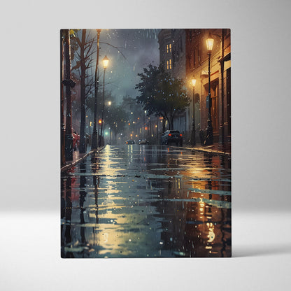 Vertical canvas wall art of a rainy urban cityscape with glowing streetlights reflecting on wet pavement.