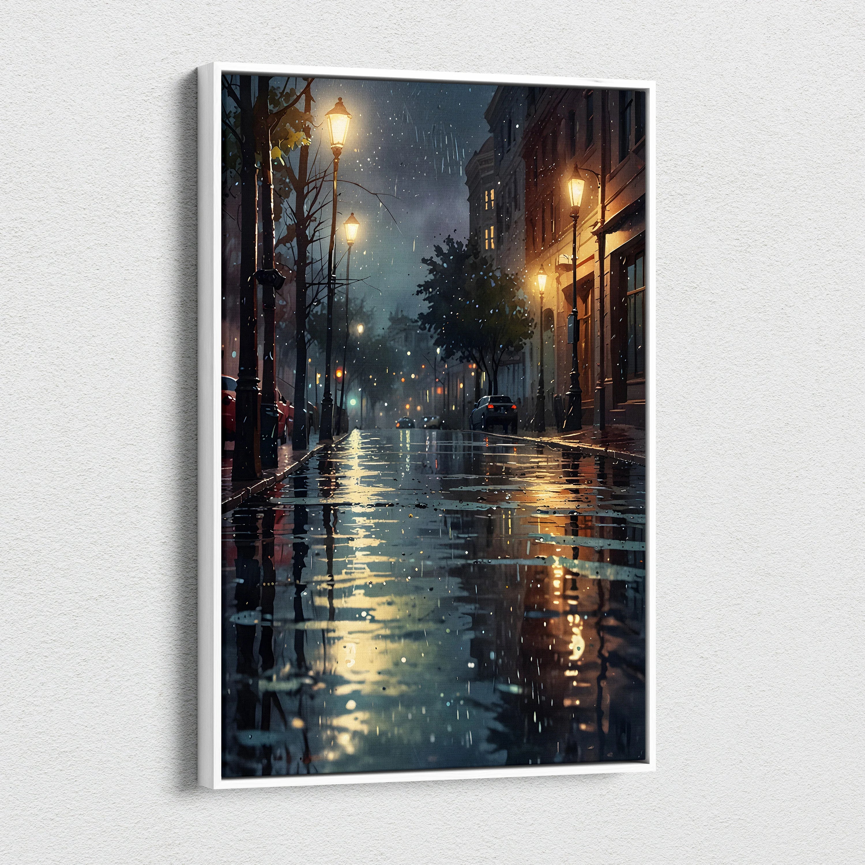 Canvas wall art of a rainy urban street at night with glowing streetlights and reflections.