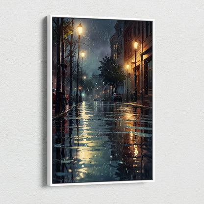 Canvas wall art of a rainy urban street at night with glowing streetlights and reflections.