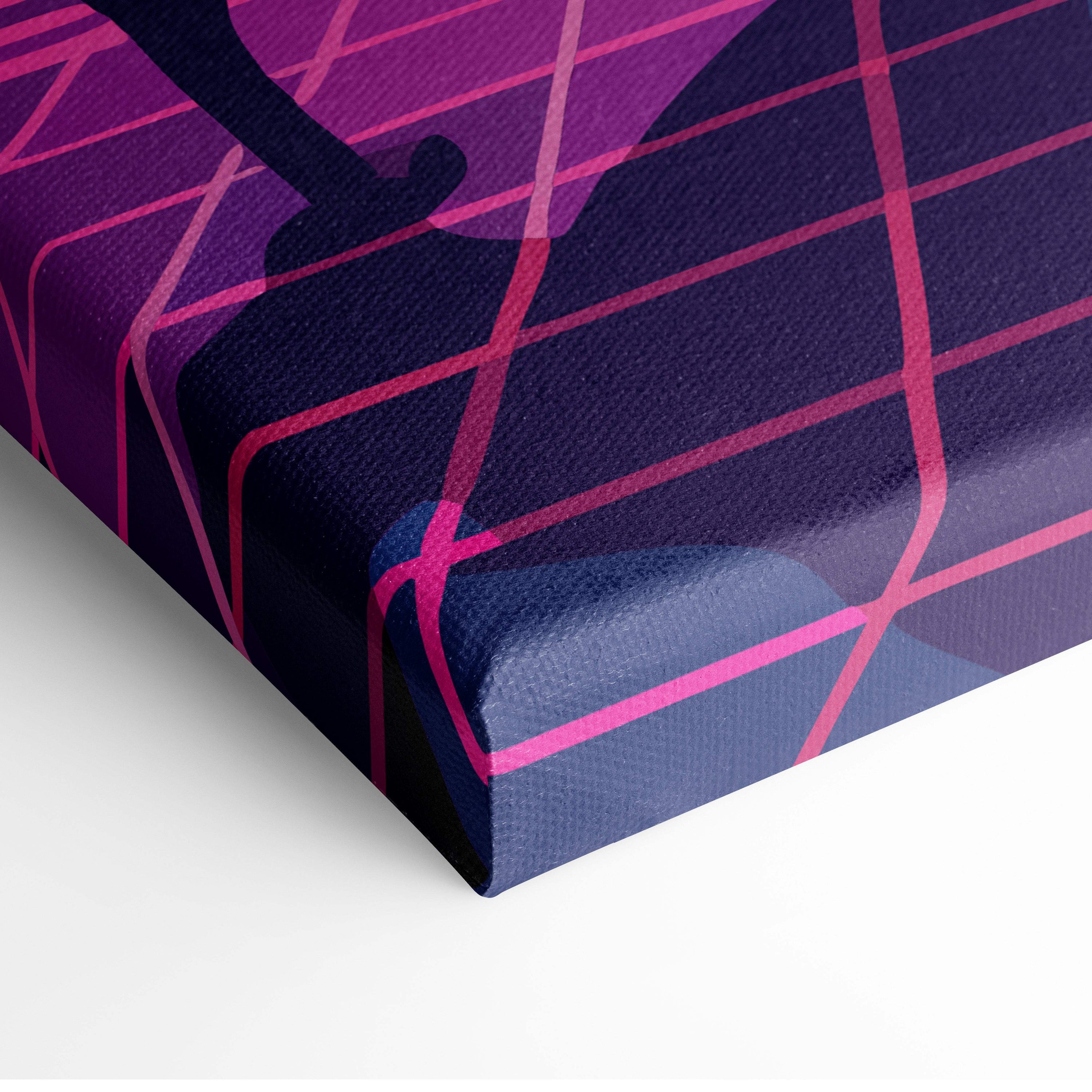 Retrowave wolf canvas art print featuring a purple and pink geometric vaporwave mountain sunset with neon grid and wolf silhouette