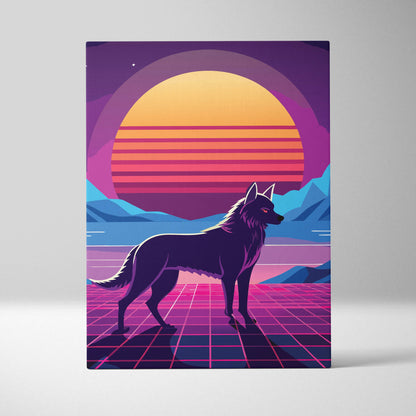 Retrowave wolf canvas art print with a sleek black wolf on a neon pink grid and a sunset striped background