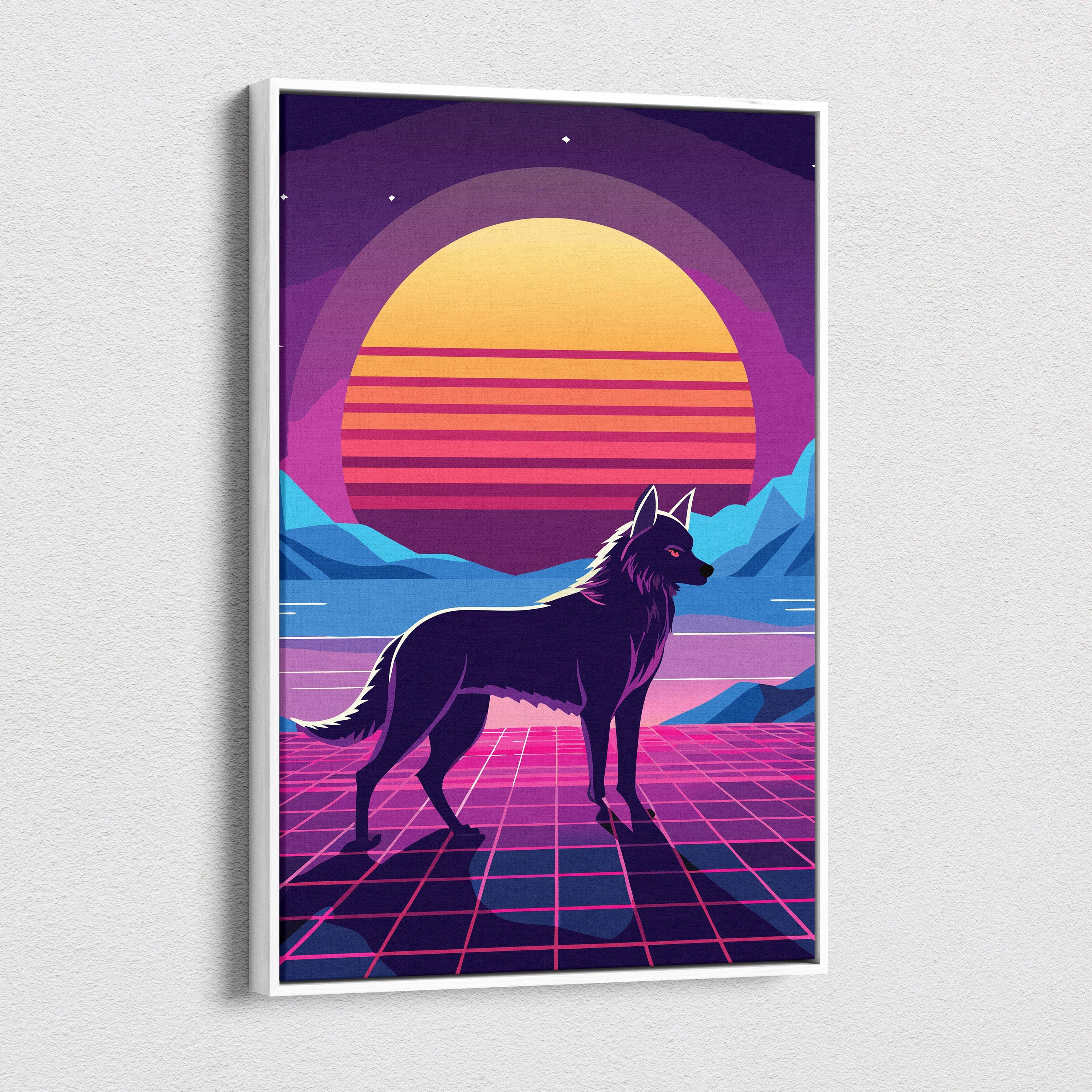 A framed retrowave wolf canvas art print with a black wolf silhouette on a neon pink grid and vibrant sunset background