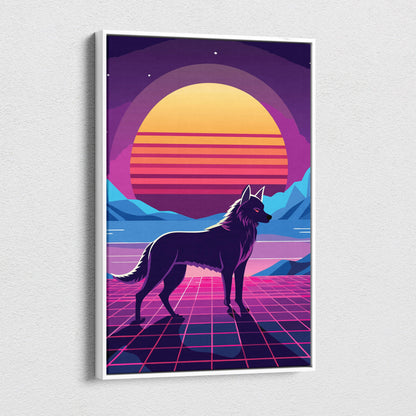 A framed retrowave wolf canvas art print with a black wolf silhouette on a neon pink grid and vibrant sunset background