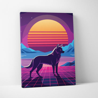 Retro wolf canvas art print with a black wolf on a neon pink grid against a vibrant orange and purple sunset background