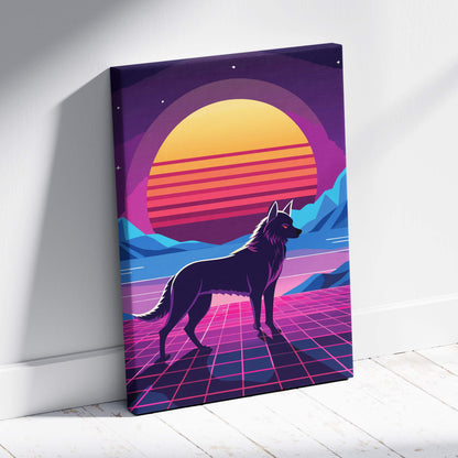 Retrowave wolf canvas art print featuring a black wolf on a neon pink grid with purple and orange vaporwave sunset background