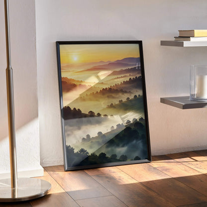 Serene sunset nature digital art poster with misty hills and orange sky wall art.