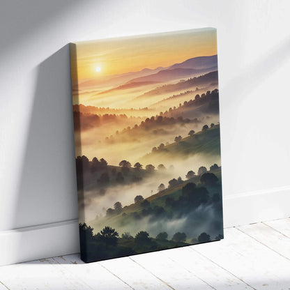 Sunset landscape canvas wall art with vibrant orange sky and misty forested hills.