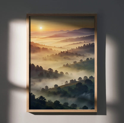 Serene sunset nature digital art poster with misty layered hills in warm golden tones, vertical wall art.