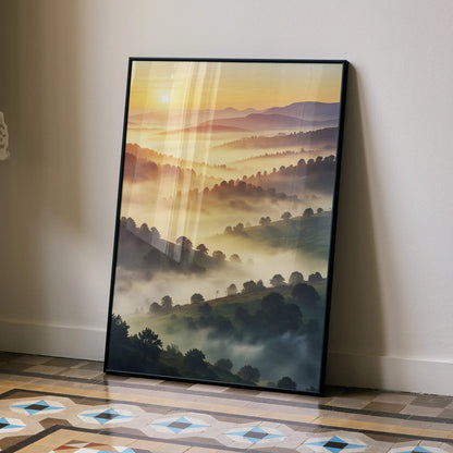 Vertical wall art poster featuring serene layered forest hills and golden sunset light.