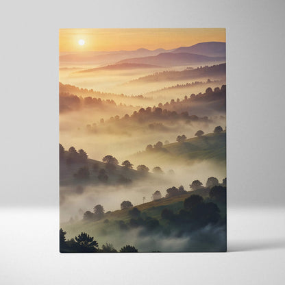 Vertical canvas wall art print of a vivid sunset over misty forested hills with warm orange and purple tones.