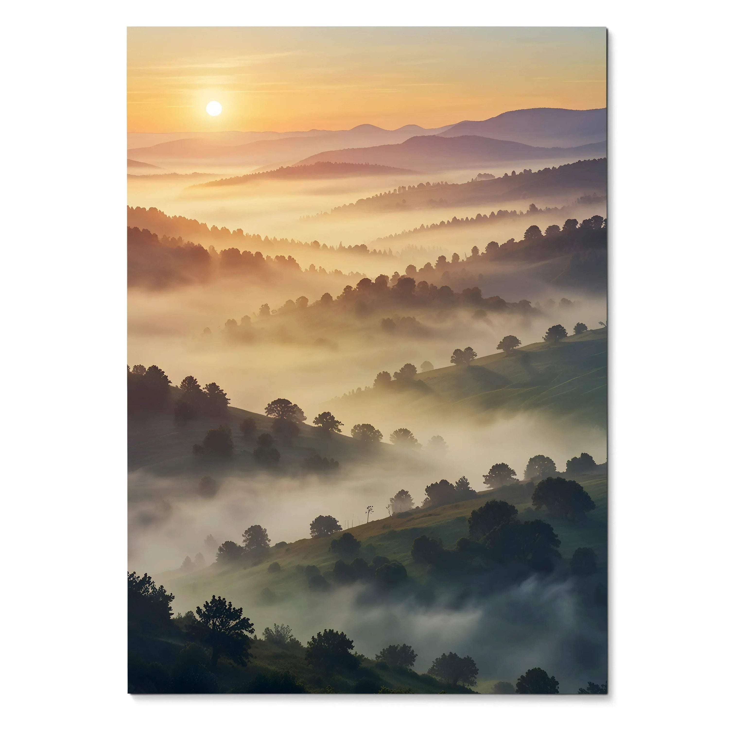 Serene sunset nature poster with layered misty hills and soft orange sky wall art.