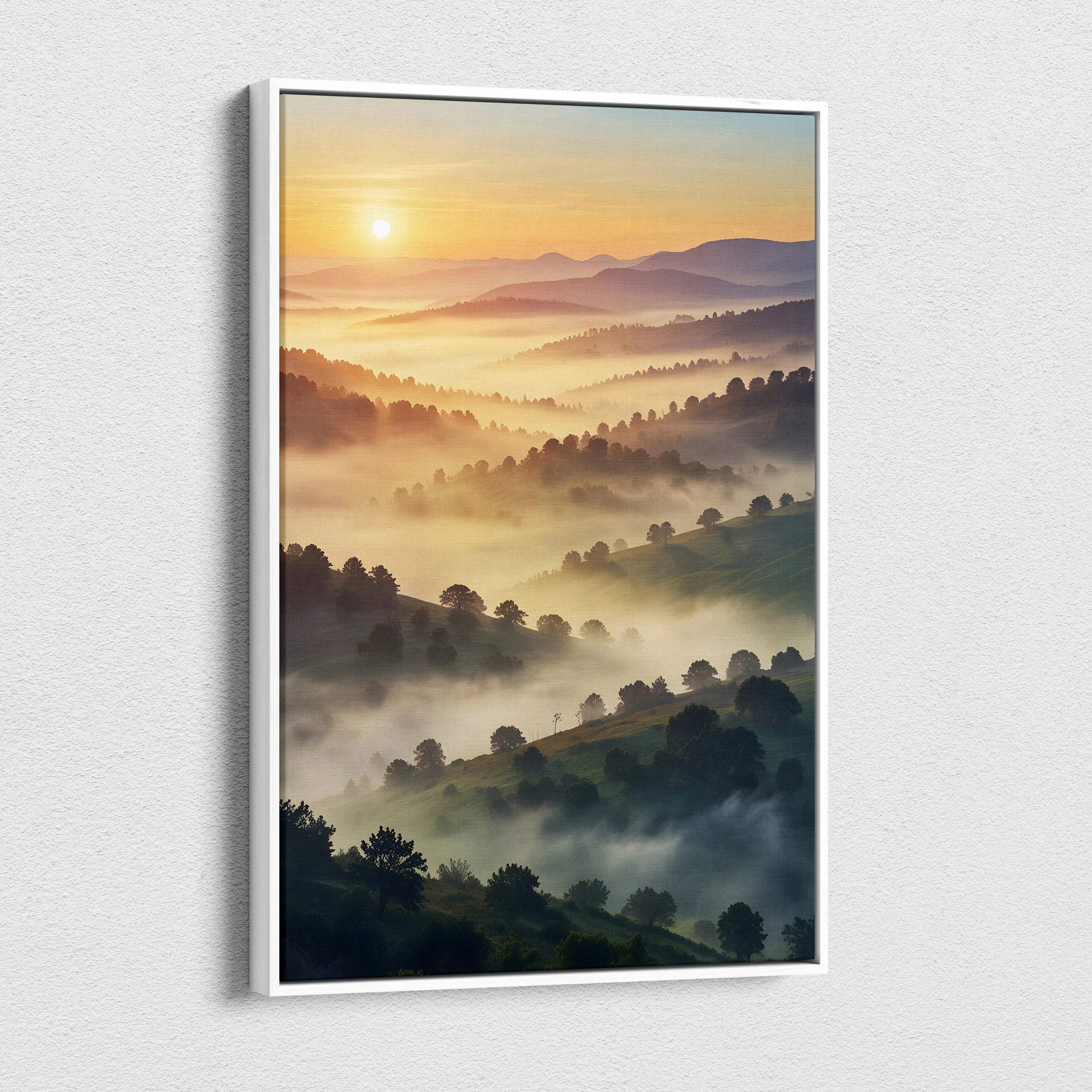 Vertical canvas wall art featuring a vivid watercolor sunset over misty, rolling hills.