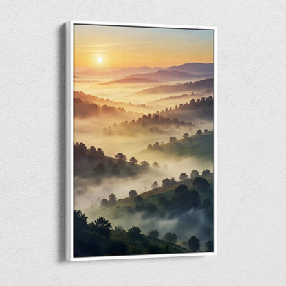 Vertical canvas wall art featuring a vivid watercolor sunset over misty, rolling hills.