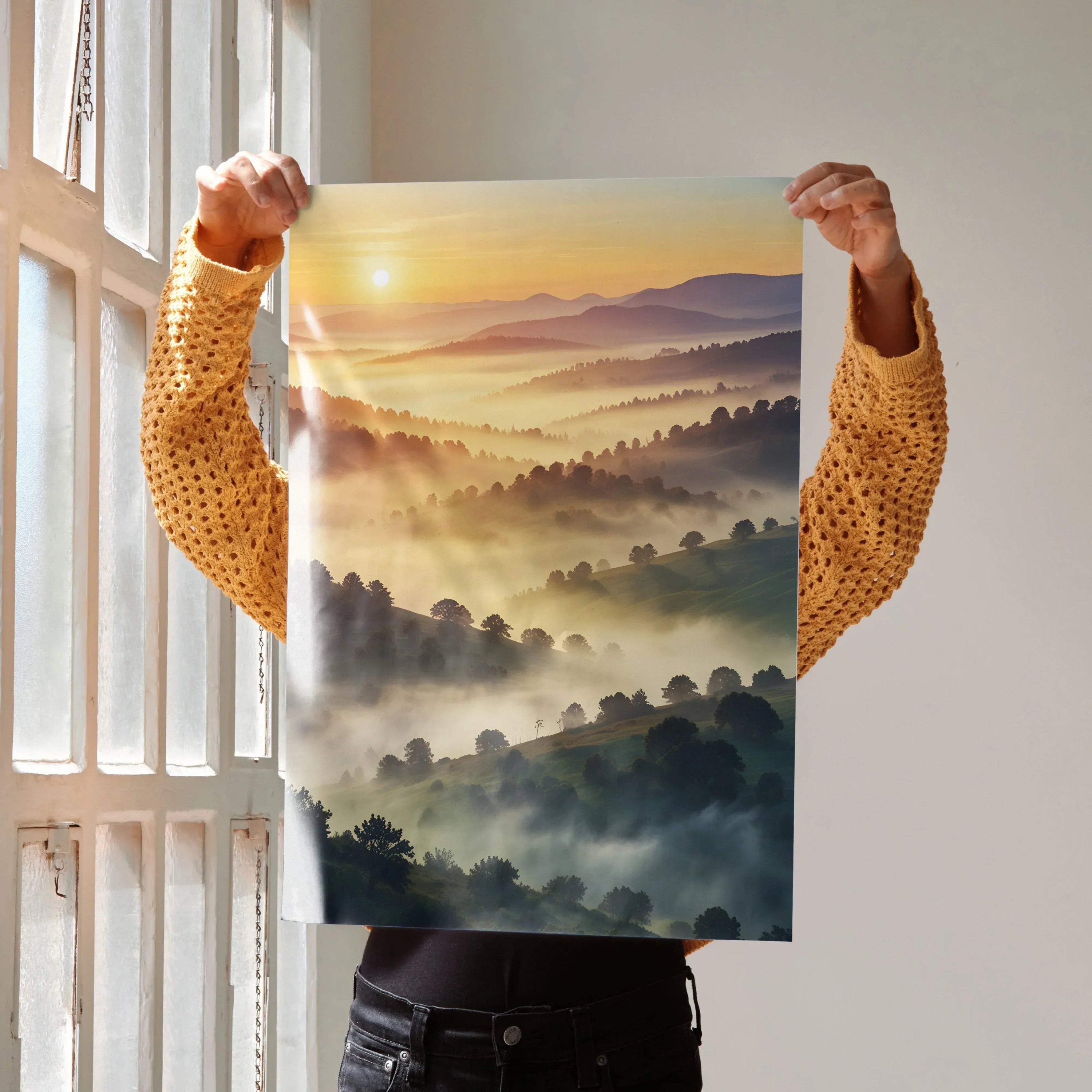 Vertical poster showcasing serene nature landscape with soft sunrise and misty hills wall art.