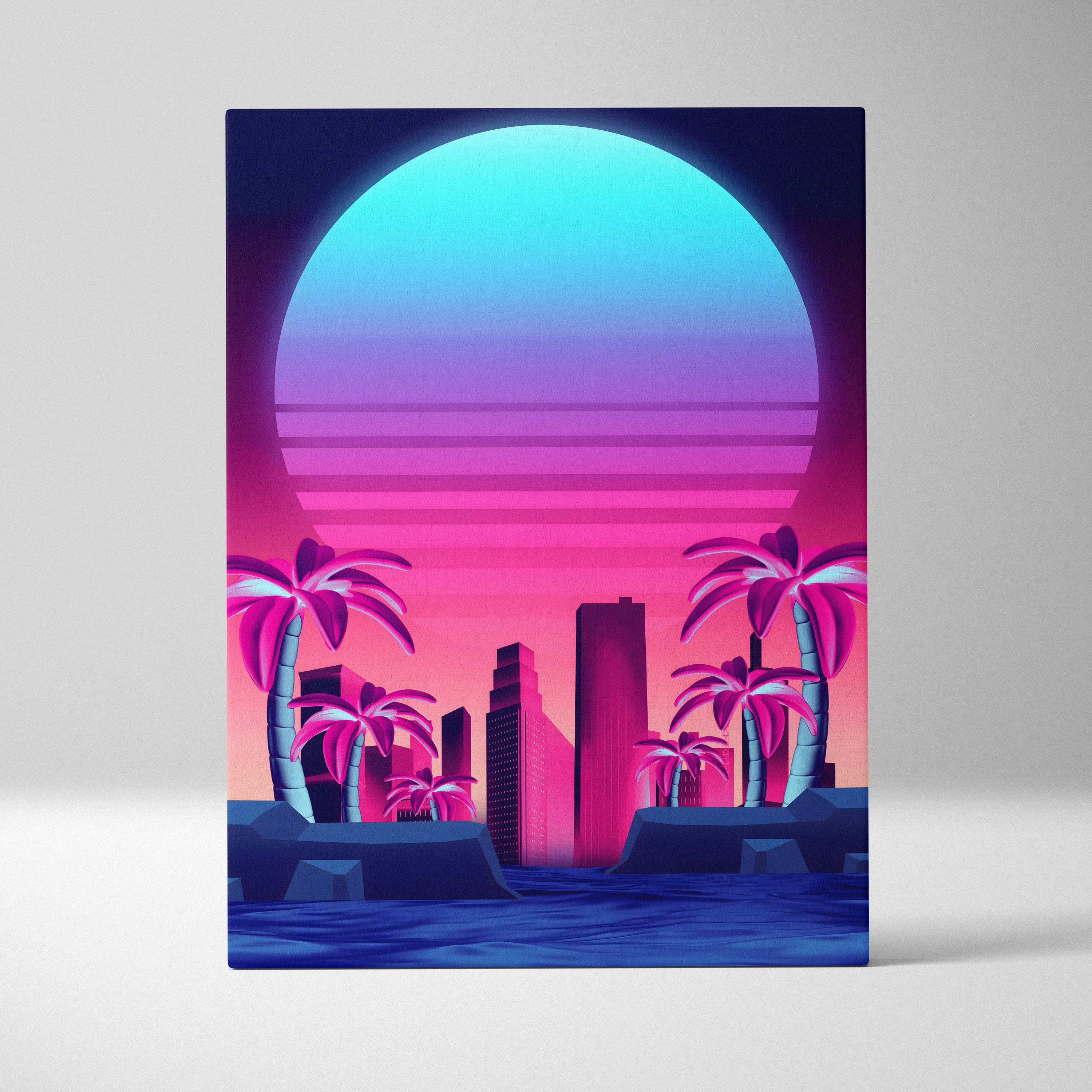 Vaporwave neon city sunset canvas art print with vibrant pink purple blue gradient over palm trees and skyline