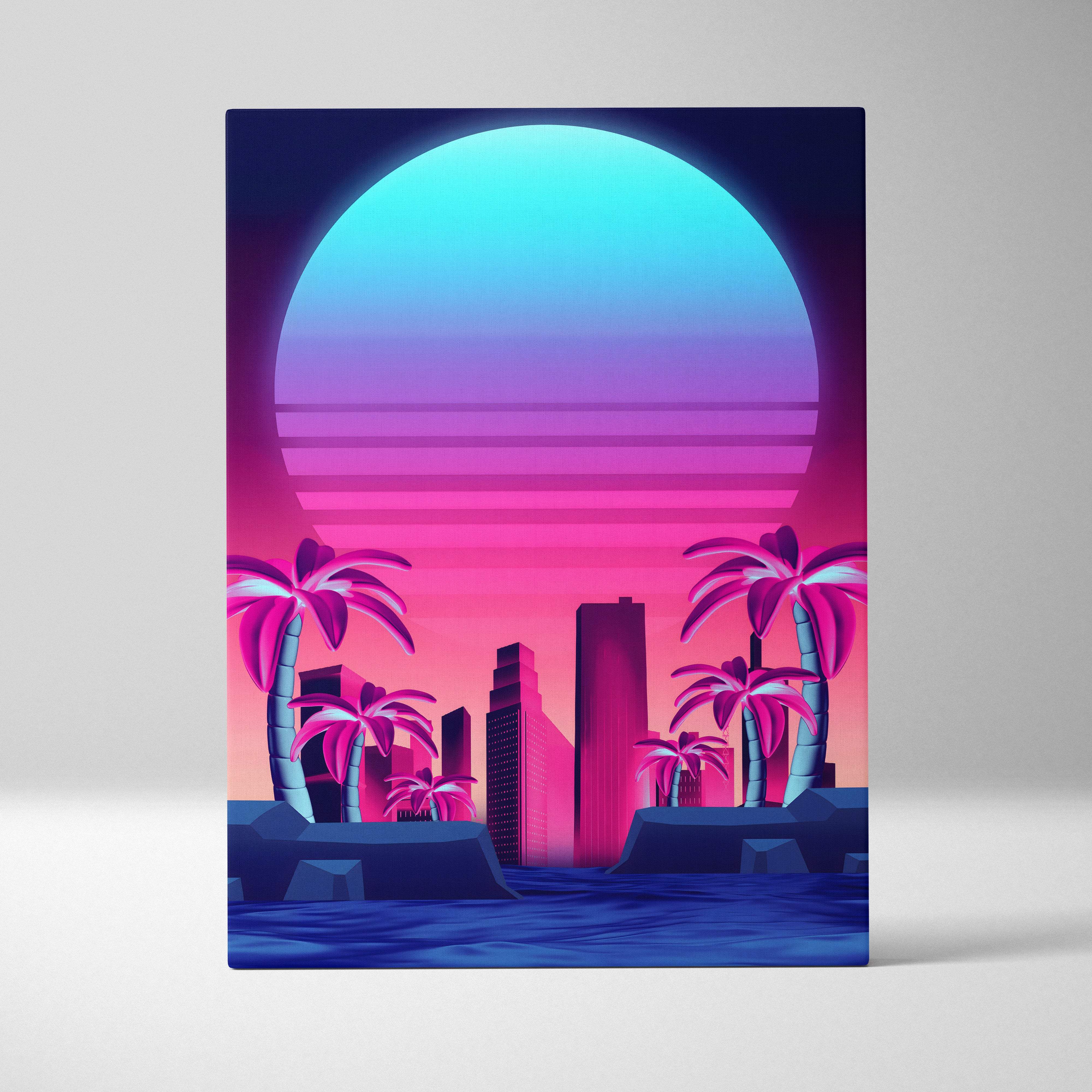 Vaporwave neon city sunset canvas art print with vibrant pink purple blue gradient over palm trees and skyline