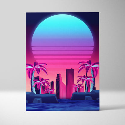 Vaporwave neon city sunset canvas art print with vibrant pink purple blue gradient over palm trees and skyline