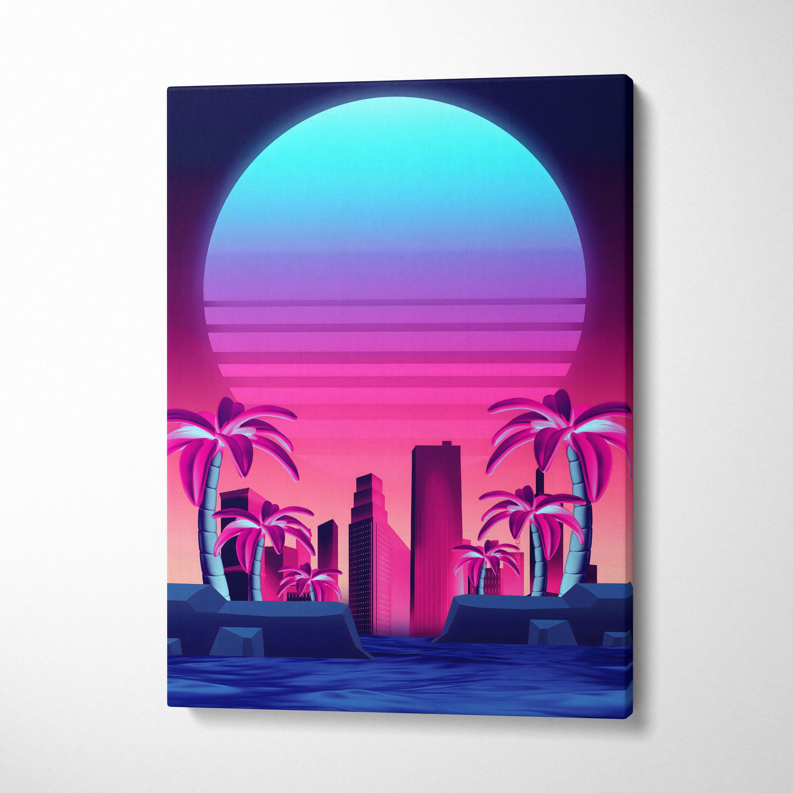 Vaporwave neon city sunset canvas art print featuring vibrant pink and blue retro-futuristic palm tree skyline