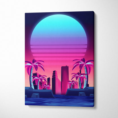 Vaporwave neon city sunset canvas art print featuring vibrant pink and blue retro-futuristic palm tree skyline