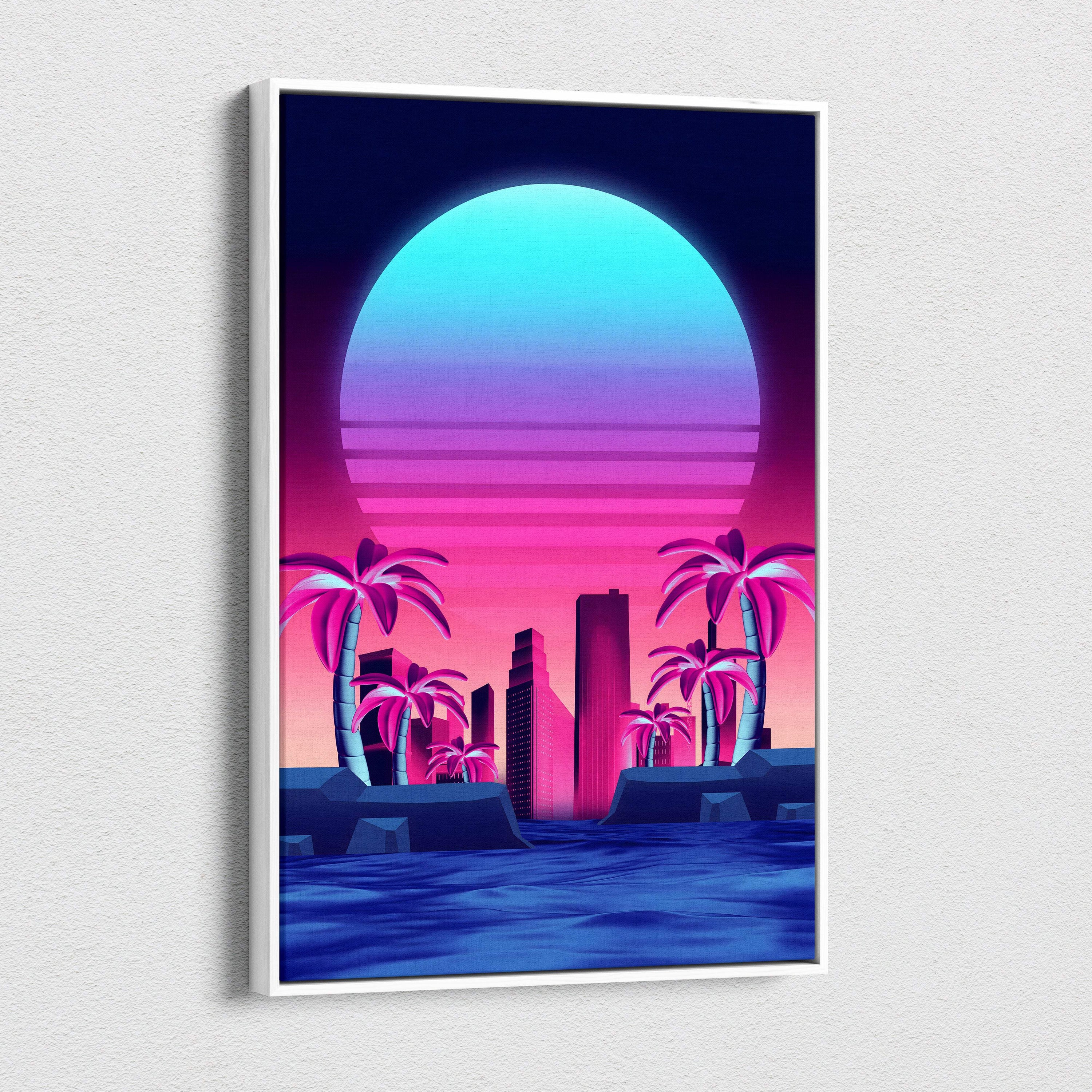 A framed vaporwave neon city sunset canvas art print with blue to pink retro sun palm trees and skyscrapers wall decor