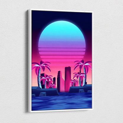 A framed vaporwave neon city sunset canvas art print with blue to pink retro sun palm trees and skyscrapers wall decor