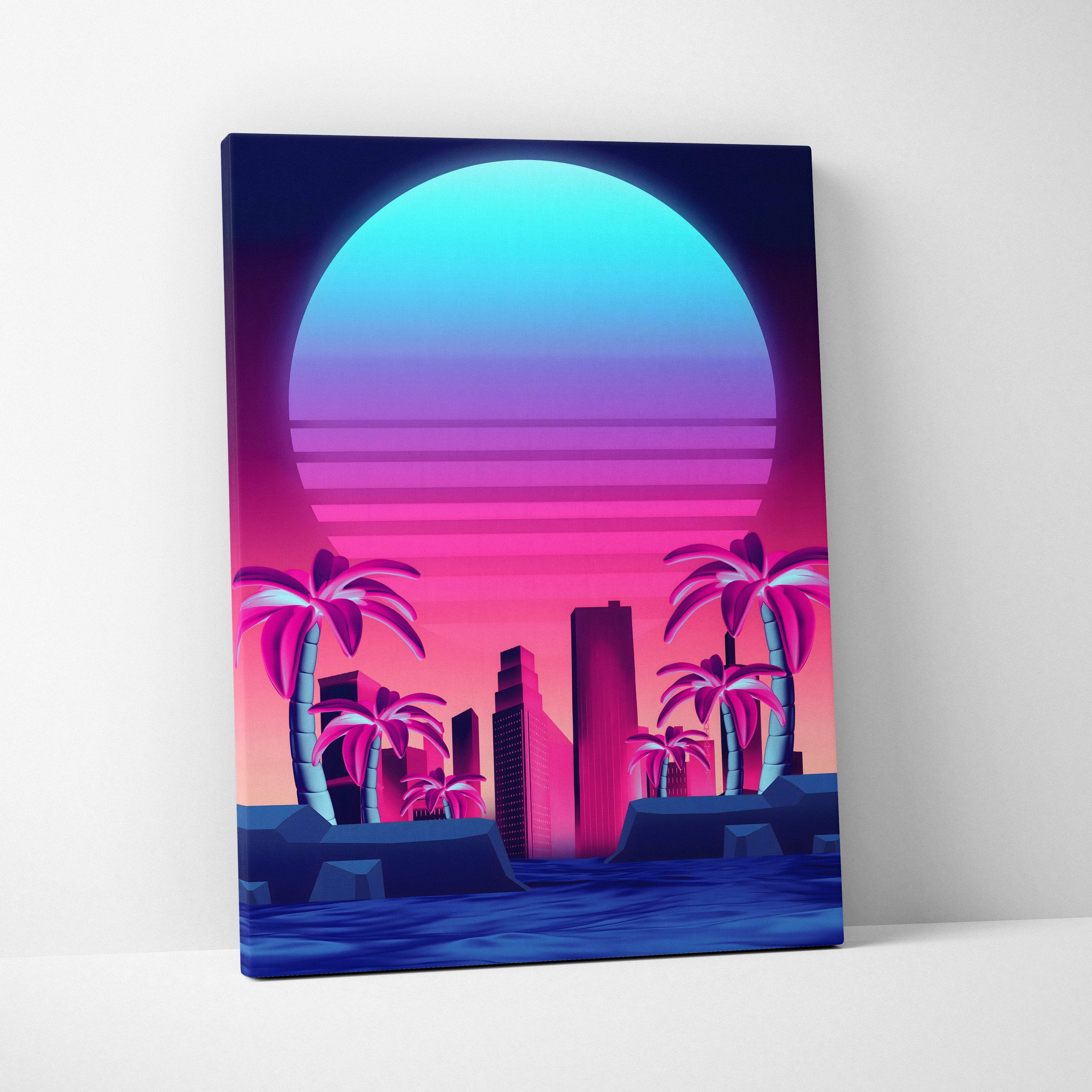 Vibrant retro-futuristic canvas print featuring neon pink and blue gradient sunset over palm trees and city skyline
