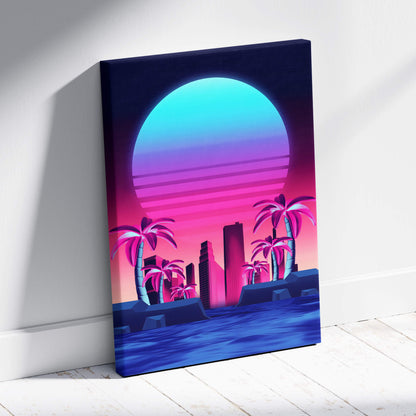 Vaporwave neon city sunset canvas art print featuring a neon gradient sunset over palm trees and city skyline