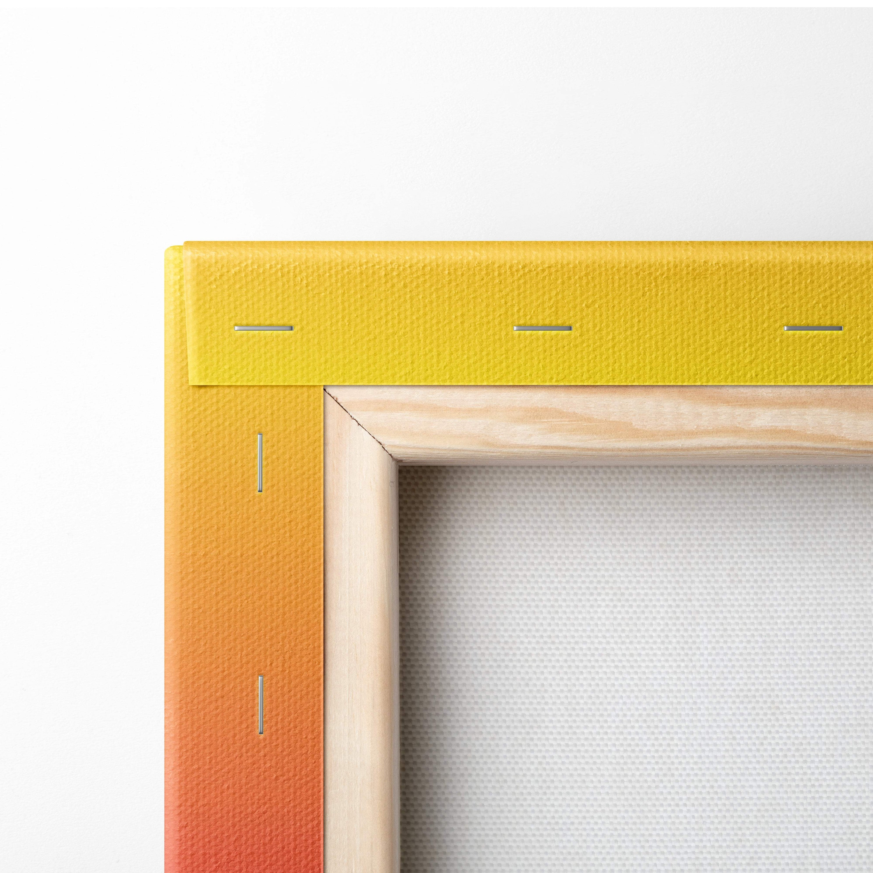 Retrowave neon city road canvas art print with yellow to orange gradient textured fabric and subtle stitching details